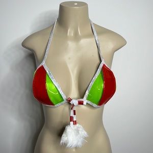 J. Caliente green and red vinyl Christmas top with furry puff detail NWOT